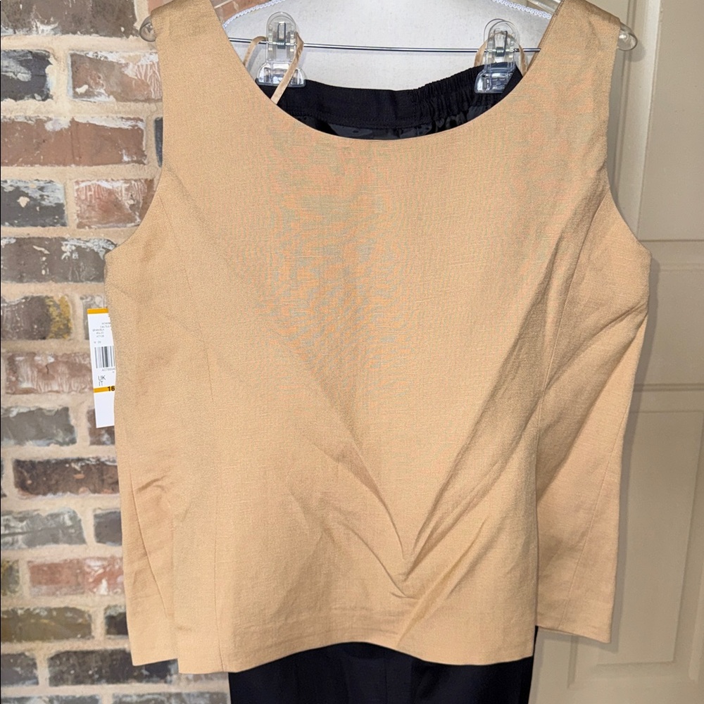 NWT Le Suit 3Pc Suit Elegant Tan Linen Blend Jacket Tank & Pants Sz 16W - Picture 3 of 16